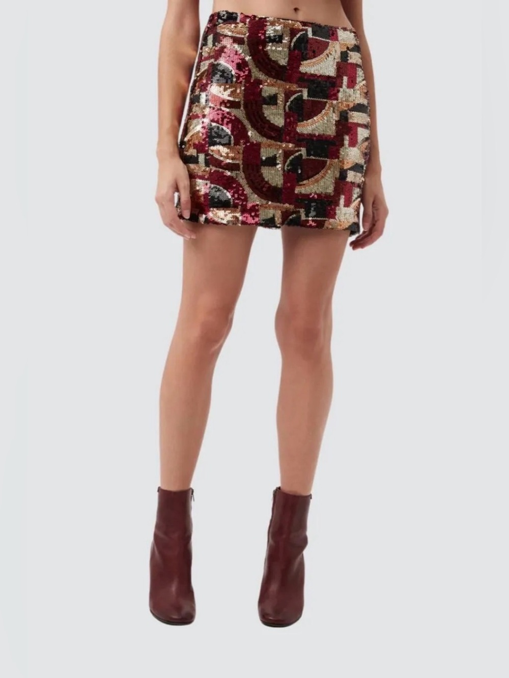Sequin Geo Mini Skirt in Burgundy Multi